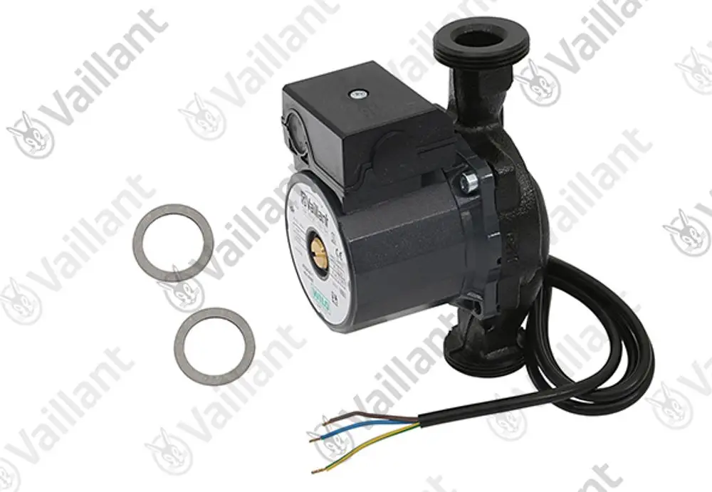 Vaillant Pumpe mit elektrischen Anschlüssen und zwei Dichtungen. Das Gerät ist in schwarzer und grauer Farbgestaltung mit Anschluss für Wasserleitungen.